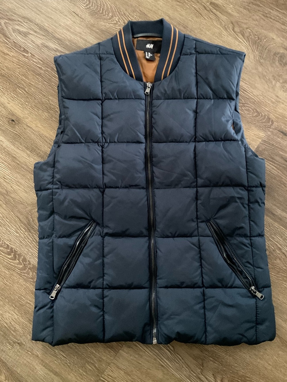 H&M Navy Quilted Bomber Vest with Brown Accent Collar